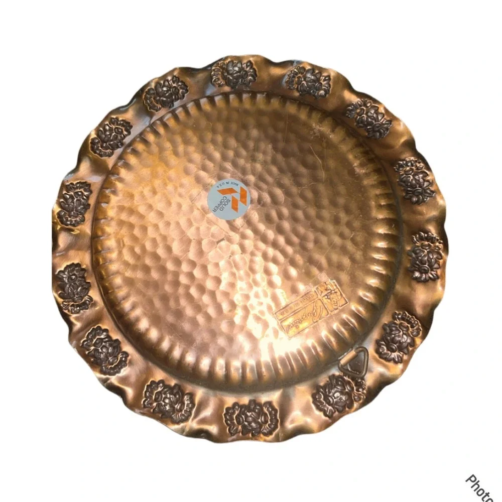 Paul Revere Shoppe Plate By Gregorian Solid Copper Edged With Embossed Flowers!!